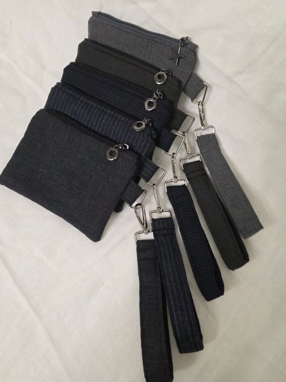 Denim zip keychain pouches with wrist straps